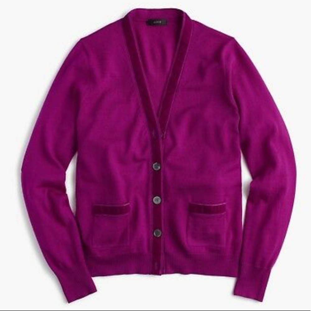 J.Crew purple Harlow cardigan with velvet trim